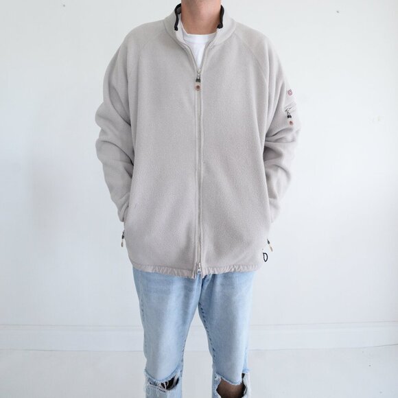Vintage 90S Nevada Zip Up Arm Zipper Pocket Soft Fleece Taupe Sweater Medium - Picture 1 of 12